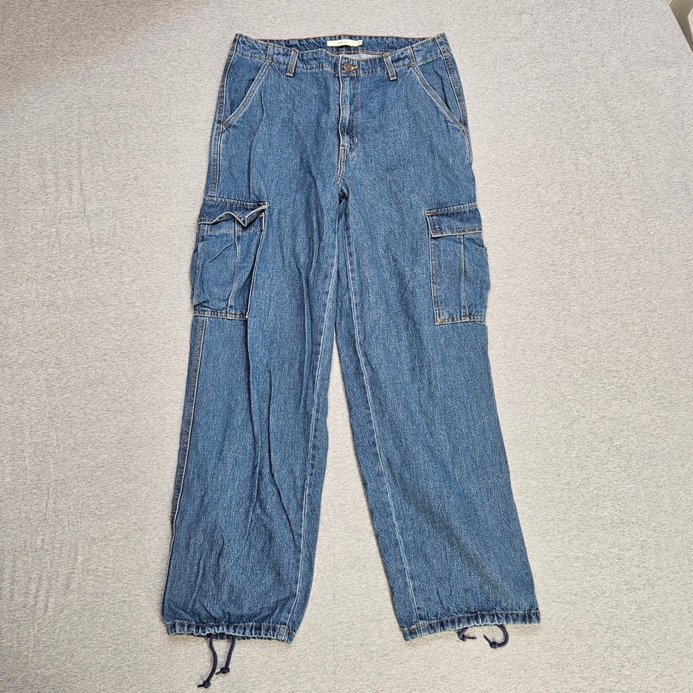 Levis 94 Baggy Cargo Jeans Blue Medium Wash Wide Leg Drawstring Hem  30 X 32